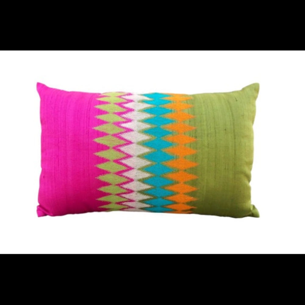 Embroidered silk pink & lime pillow cover. 12"x20"
